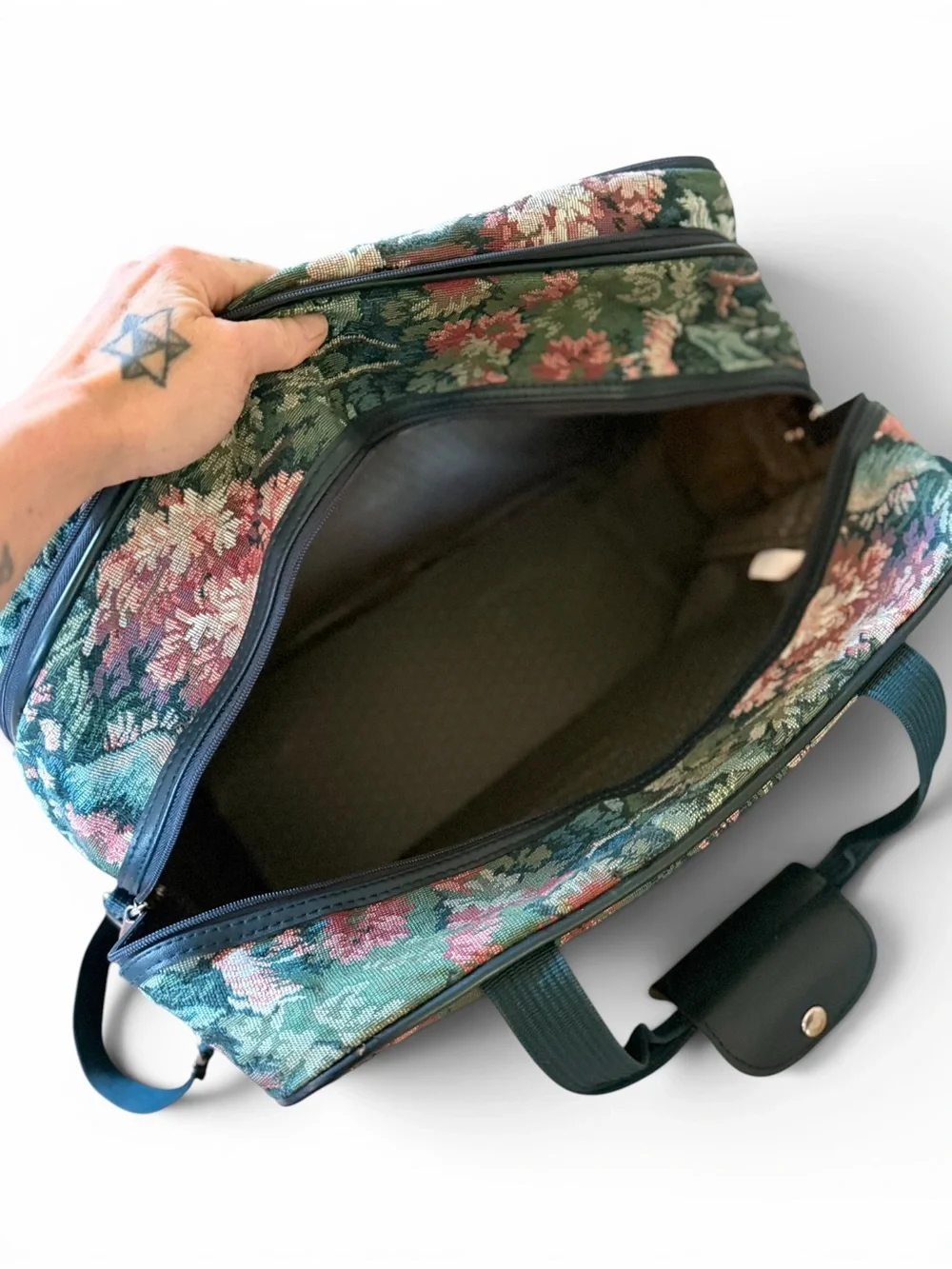Atlantic Vintage Floral Tapestry Travel / Carry On Bag in Teal Green Retro